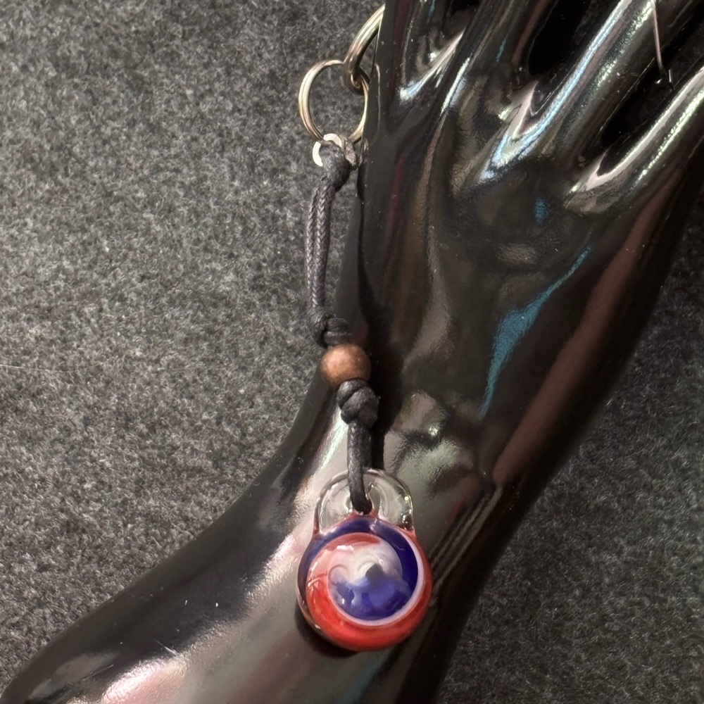 Red, White and Blue Marble Swirl Glass Pendant on Black Cord Keychain